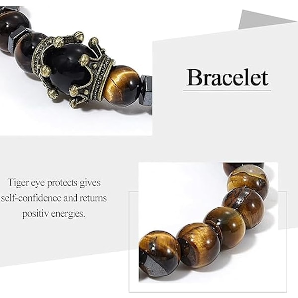 Crown King Perle Armbånd for Menn Kvinner, Naturlige Stein Perler Matt Onyx Kule ( Tiger Eye /Frosted A)