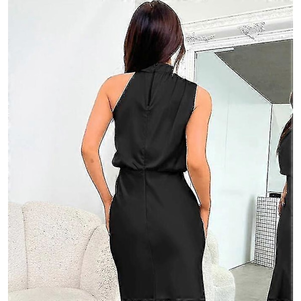 Sommerkjole i sateng for kvinner, uten ermer, plissert og lang Black XL