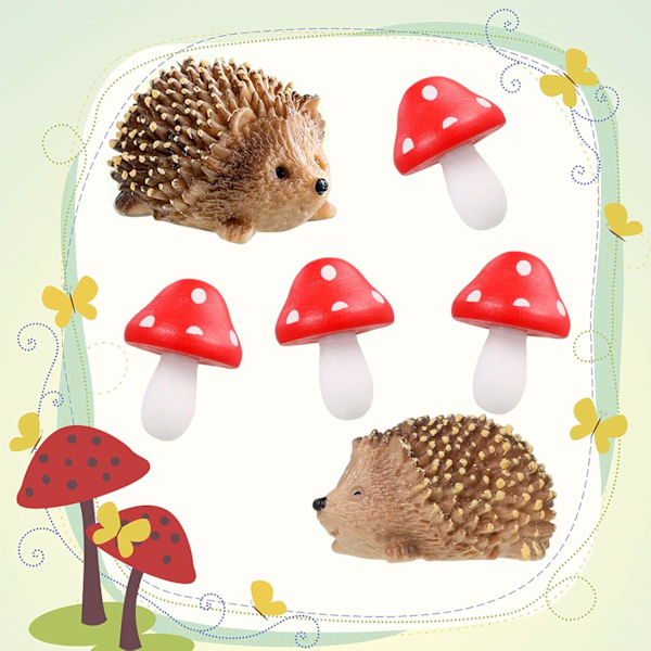 8 Pakke Miniatyr Fe Hage Tilbehør, 4 Miniatyr Harpiks Pinnsvin og 4 Tre Sopp, Fe Sopp Hage