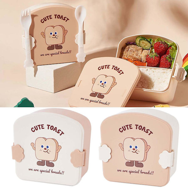 1 Sæt Madkasse Lækagesikker 3 Rum Madkasse med Bestik Tegneserie Toast Mønster Studenter Bento Boks