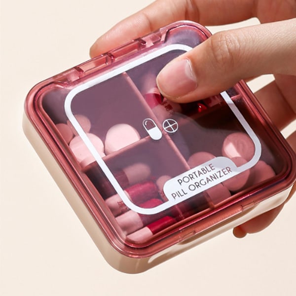 Pilleæske med 4 rum, kompakt og nem at transportere Pink