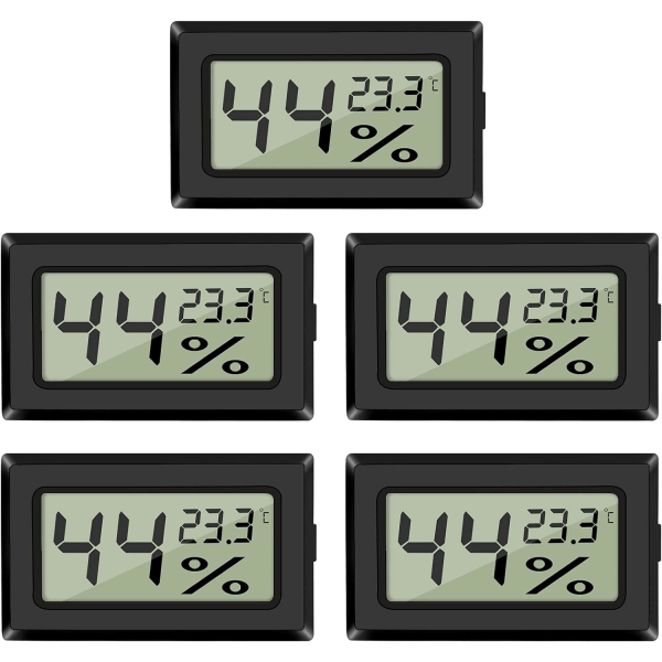 5-Pack LCD digitalt hygrometer termometer, mini digital temperaturmåler fuktighetsmåler for drivhusbiler hjemmekontor, svart