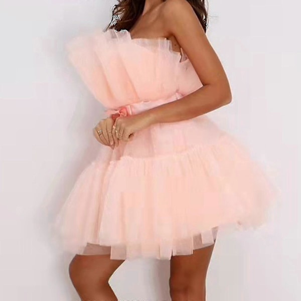 Dame Tyl Kjole Ærmeløs Kort Kjole Ensfarvet Mesh Prinsesse Stropløs Festkjole_x Pink 36