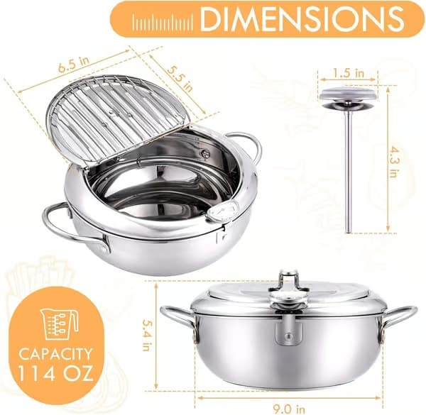 Friteuse med temperaturkontroll, 2,2L frityrgryte i rustfritt stål, multifunksjonell anti-oljesøl gryte for hjemmelaging
