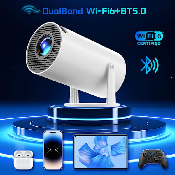 [2025 oppgradert og Android 11.0] Mini-projektor Native 720P HD, støtter 4K 1080P WiFi 6, Bluetooth, Auto Keystone