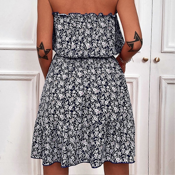 Trendig Mörkblå Axelbandslös Off Shoulder Klänning - Trendigt Blommönster Sommarkläder, L