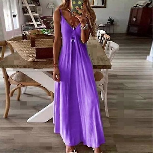 Sommer Vest Kjole V-hals Spaghetti Strop Gradient Farve Rygløs Ærmeløs Hverdagsbrug Løs A-linje Dame Stroppy Kjole Dametøj purple L