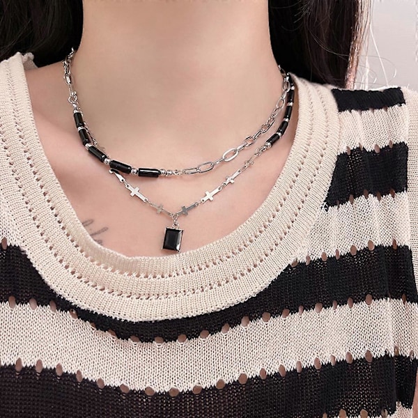 Elegant Unikt Kors Halskjede Dobbelt Lagdelt Krystall Firkantet Anheng Choker
