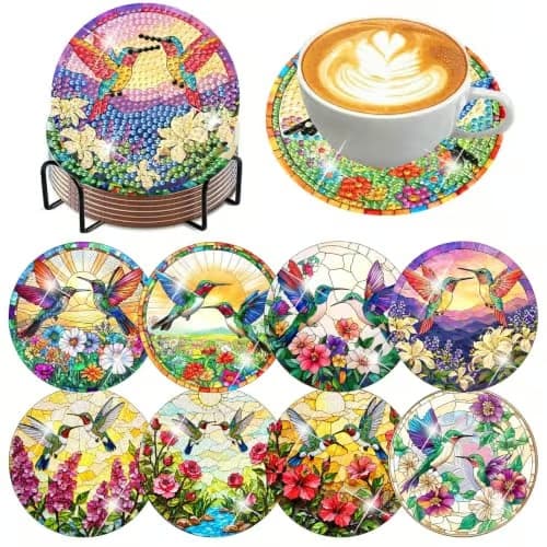 igoodom 8 kpl kolibri-timanttimaalauslasinalussetti telineellä 8 Pcs Coaster(10cm Dia) MB637