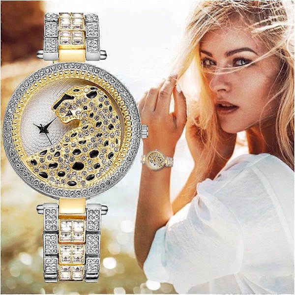 Guld Leopard Ur Bling Dame Quartz Ur Silver