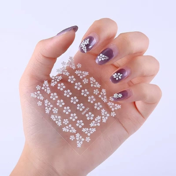 Neglekunst med hvite blomster 3D selvklebende neglestickers Hvite negledesign negldekaler negledesigner neglkunst 30 ark