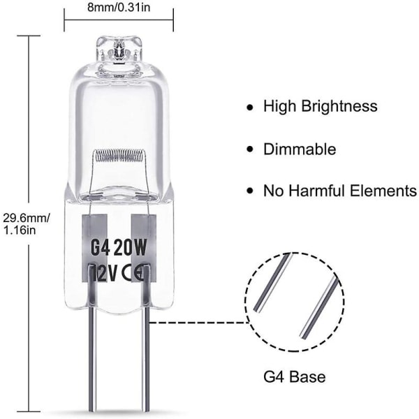 20 stk. G4 Halogen Pære 20w Dc12v Indendørs Halogen G4 Lampe Krystal Lys Pære