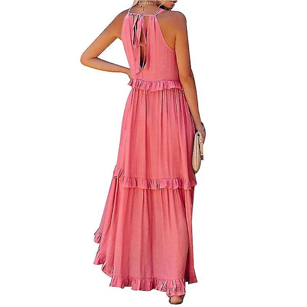 Halterneck Ärmlös A-linje Klänning för Dam, Casual Lång Strandklänning Pink XL