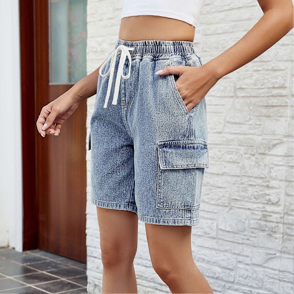 Elastiske shorts med snøring i midjen for kvinner, flere lommer, avslappede sommershorts for daglig bruk, blå L