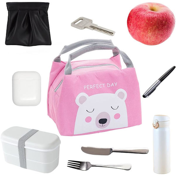 Frokostpose til piger, Mini Isotherm Frokostpose, Køletaske Børn, Picnicpose Sød, Vandtæt Frokostpose, Sammenfoldelig Frokostpose til Arbejde Skole Picnic Pink