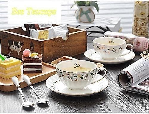 Blomsterbi Tekoppar och fat, Kaffe Benporslinsmugg 1 Set (1 Kopp och 1 tallrik)