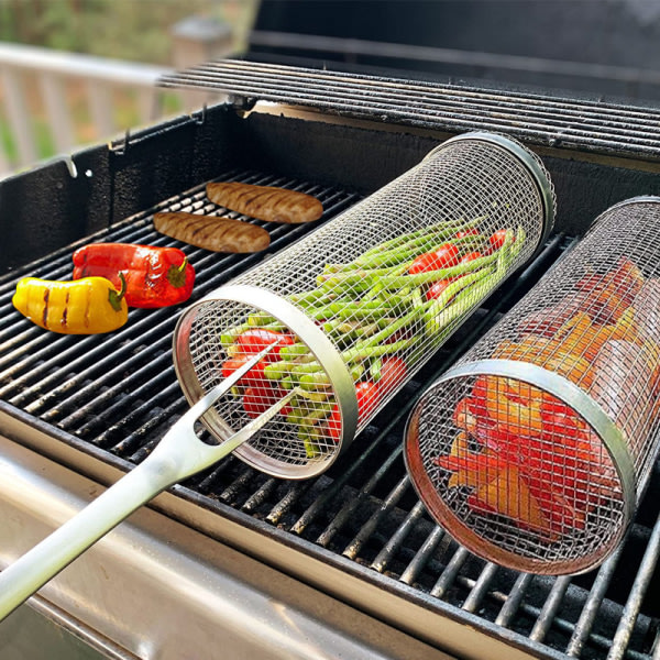 Rullande grillkorg, cylindrisk grillkorg i rostfritt stål - 20x9x9cm