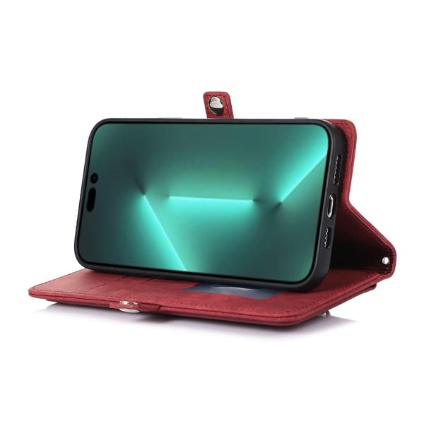 Multi Kort Mobiltelefon Læder Etui Til iPhone 15 Pro Max Red