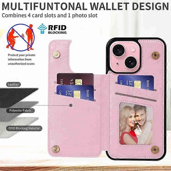 For iPhone 15 Trykket Dobbel Spenne RFID Tyverisikret Mobiltelefonveske