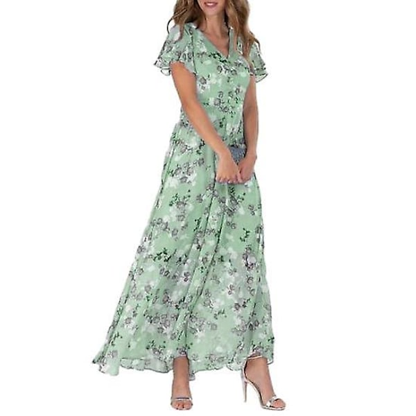 Maxiklänning Volang Kort Ärm Utsmyckning Mjuk Charmig Dam Blommig Casual Klänning Streetwear green 2XL