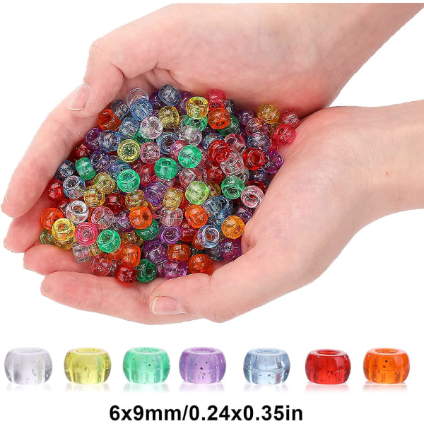 500 glitter ponniperler blanding, 6 x 9 mm flerfarget armbåndperler, perler til hårfletter, plastperler for kunsthåndverk Hårfletting Smykkedekorasjoner