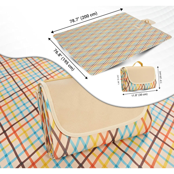 Vandtæt picnictæppe - Ekstra stort 200×195cm strandtæppe med bærehåndtag - Sandfrit vaskbart og foldbart strandunderlag