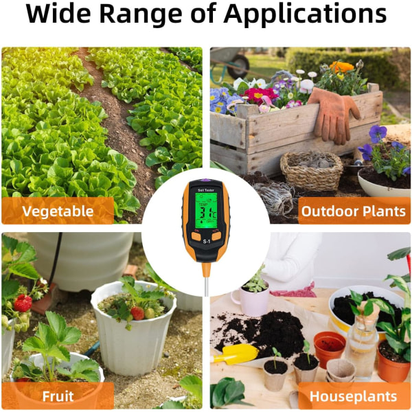 Jordmåler, 4-i-1 digital plantejordfugtmåler med PH/temperatur/fugtighed/lys/miljøfugtighed til havearbejde, græsplæne og landbrug -S1