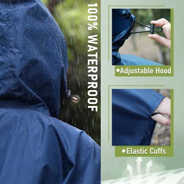Regnfrakke til voksne, vandtæt udendørs hætte, poncho vandtæt til kvinder med lynlås, festivalponchoer vandtæt lang, vandtætte kapper plusstørrelse Deep Blue