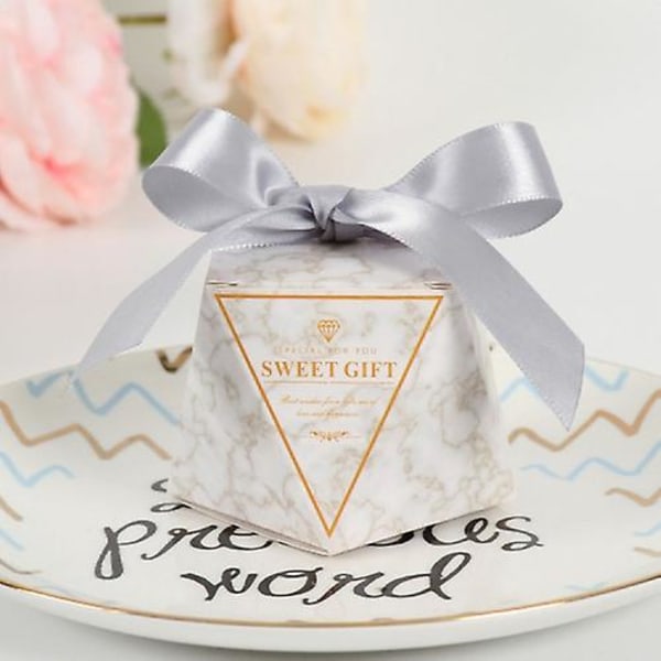 5 stk. Bryllup Diamantformet Romantisk Kreativt Bryllupsudstyr Bryllupsslik Gaveæske Marble-Silver Ribbon