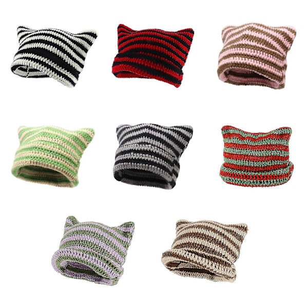 Naisten Beanie-pipo Pieni Paholainen Raidallinen Neulotu Wool Hat Talvi Kissan Korvat Hattu Green Purple