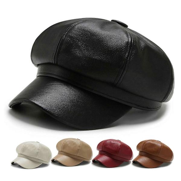 Dam Vår Sommar Basker Retro Enfärgad Konstläder Kort Skärm Dekorativt Solskydd Anti-UV Andningsbar Dam Målarhatt Unisex Åttakantig Mössa Red