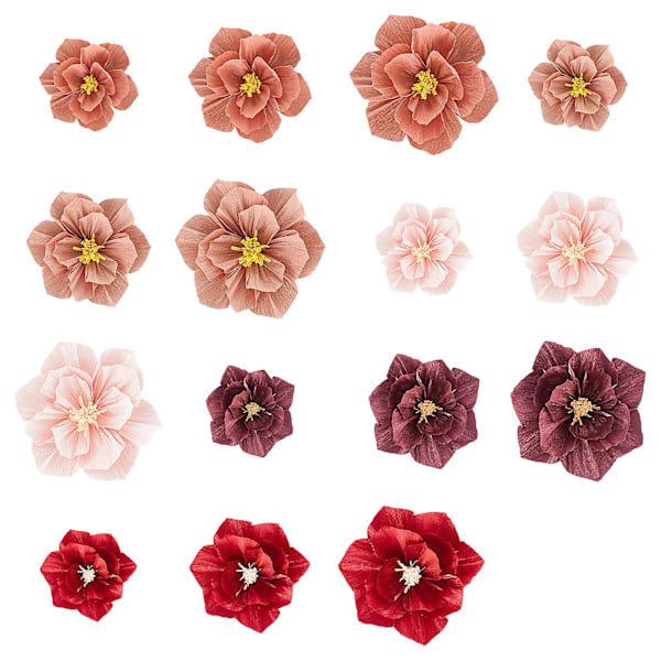 Set med crepepappersblommor med fjärils- och lövbakgrund - Perfekt för festdekoration och heminredning Dark red