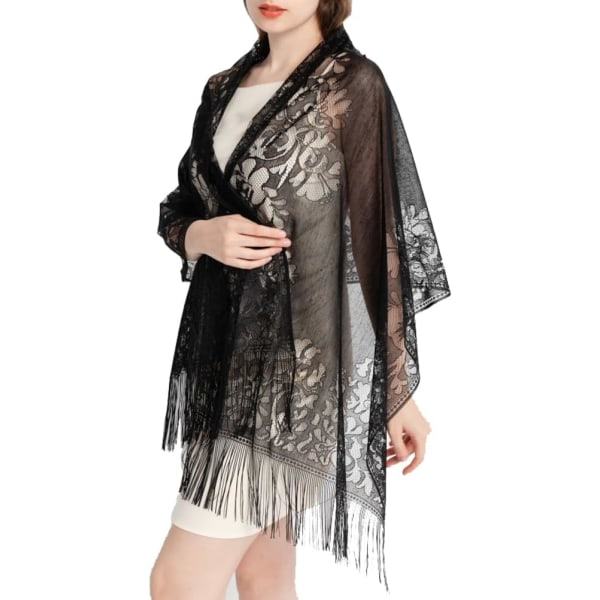 Damkrage Sjal Cape Scarf Spets Sjal Vingar Sjal med fransar Mjukt nät fransar omslag för bröllop fest black