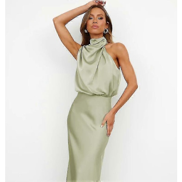 Sommerkjole i sateng for kvinner, uten ermer, plissert og lang Light green XL