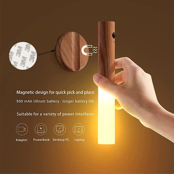 USB-oppladbar vegglampe, bevegelsessensor nattlys, bærbar, avtakbar, magnetisk, trådløs, automatisk batteristrimmel Brown