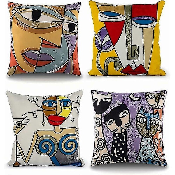 Set med 4 Picasso Kuddfodral 45x45 cm Broderad Bomullslinne Soffa Kuddfodral Skandinavisk Vardagsrum Dekoration Sovrum Säng Kontorsfåtölj D