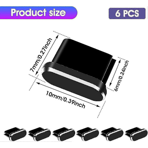 Typ C Dammskyddssats 6 st Aluminiumlegering Usb C Dammskyddskåpor Laddningsportsskydd fi Black