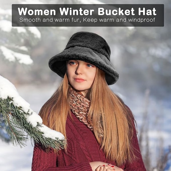 Winter Bucket Hat - Dam Fluffy Fisherman Hat Mjuk fuskpäls Vinterhatt Fuzzy Furry Warm Hat Tjock bred brättad plyschhatt för kvinnor tjejer，svart