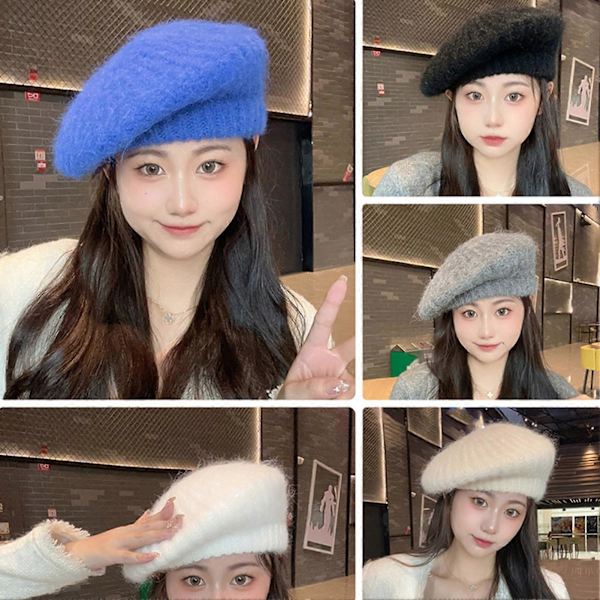 Beret Hat Efterår Vinter Kanin Plys Knittet Åndbar Stilfuld All-match Ensfarvet Elastisk Malerhat Beige One Size