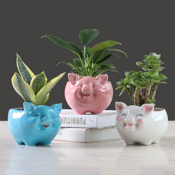 Keramisk blomsterpotte i nordisk stil, tegneseriefigur, gris, sukkulent, bonsai, potteplante Pink S