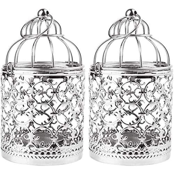 2 pakke hængende fuglebur lanterne, vintage metal fyrfadslys dekorativ lysestage dekoration fuglebur til bryllupsfest Hjem Silver