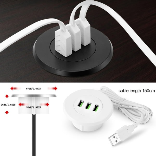 3-portars USB-bordsladdare Bordladningsstasjon monteras på 2,0"/50 mm gjennomføringshull med adapter og 1,5 m strøm White