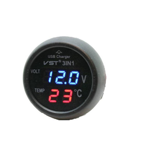 Voltmeter Temp + USB 5v Oplader 4-30v DC Bil Båd Autocamper Campingvogn
