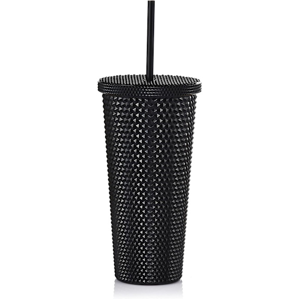 Studded Tumbler med lokk og sugerør, gjenbrukbar kopp med sugerør lokk, plast vannflaske, iset kaffe reisekrus kopp - Svart