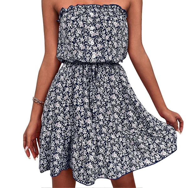 Trendig Mörkblå Axelbandslös Off Shoulder Klänning - Trendigt Blommönster Sommarkläder, L