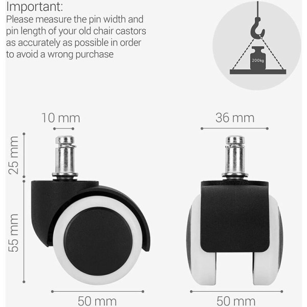 Kontorsstols hjul - 5-pack armstöds hjul - 10/50mm reservhjul - Tyst sits ben för hårda golv - Vit