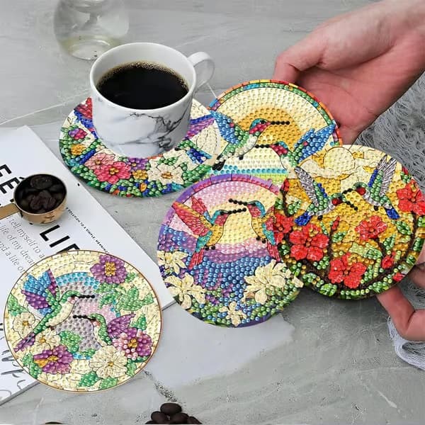 igoodom 8 stk. kolibri diamond art coaster-sæt med holder 8 Pcs Coaster(10cm Dia) MB637