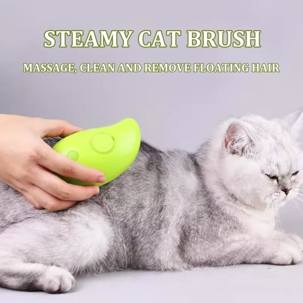 Steamy Cat Brush - 3-i-1 självrengörande massageborste - Uppladdningsbar silikonborste för hårborttagning för husdjur (grön)