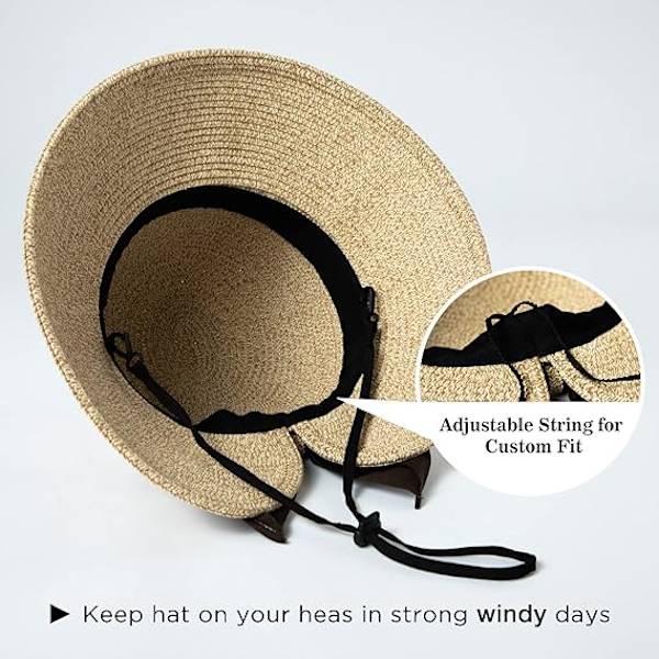 Dam solhattar UPF 50 Bred Brätte Halm Strand Sommarhatt för Kvinnor Fällbar Hästsvans Rosett