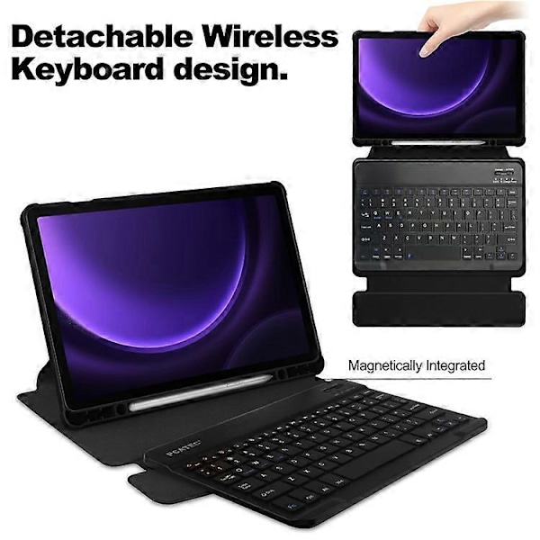 Kompatibelt Skal för Samsung Galaxy Tab S9 FE Läder+Akryl Roterande Ställskydd med Bluetooth-tangentbord Black